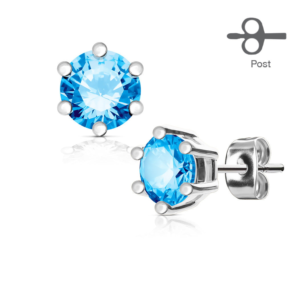 MJ-EA-001 Pair of 6 Prong Set CZ 316L Surgical Steel Post Ear Stud Rings