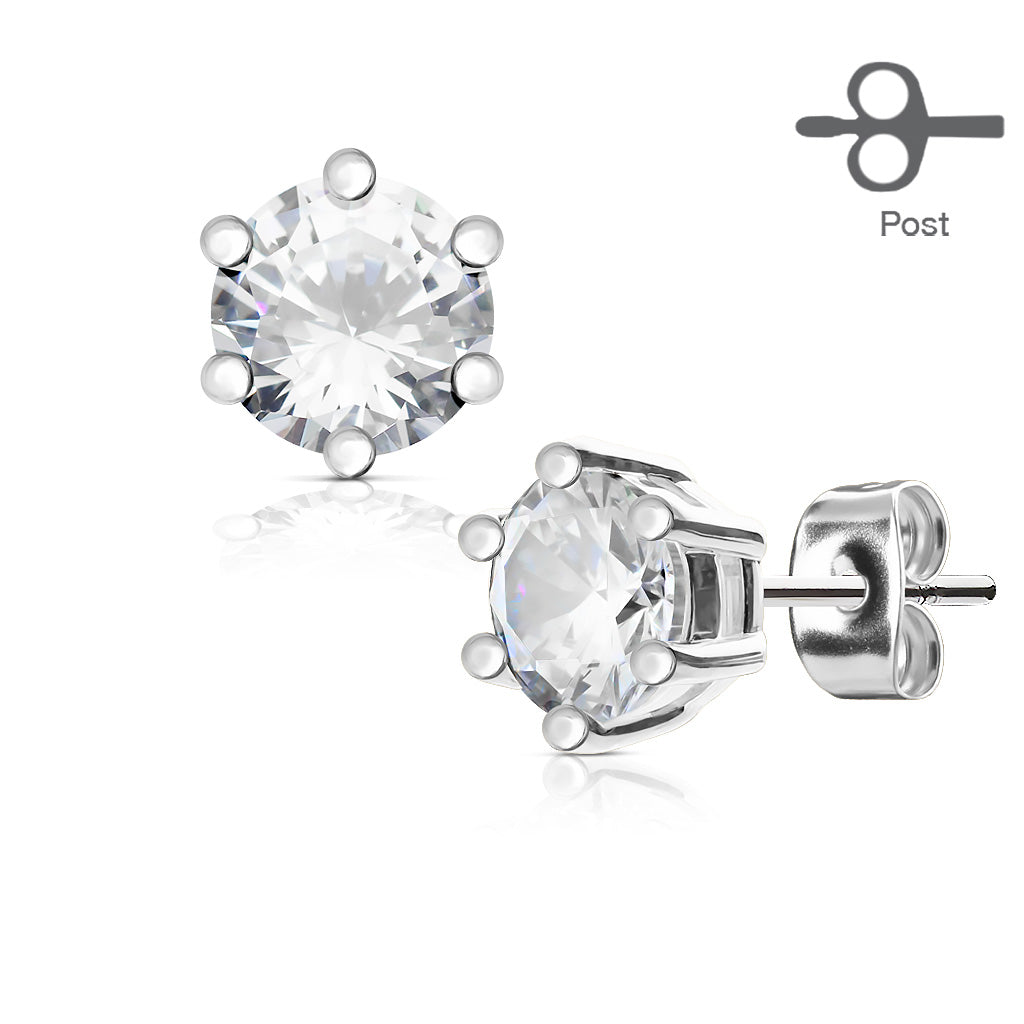 MJ-EA-001 Pair of 6 Prong Set CZ 316L Surgical Steel Post Ear Stud Rings