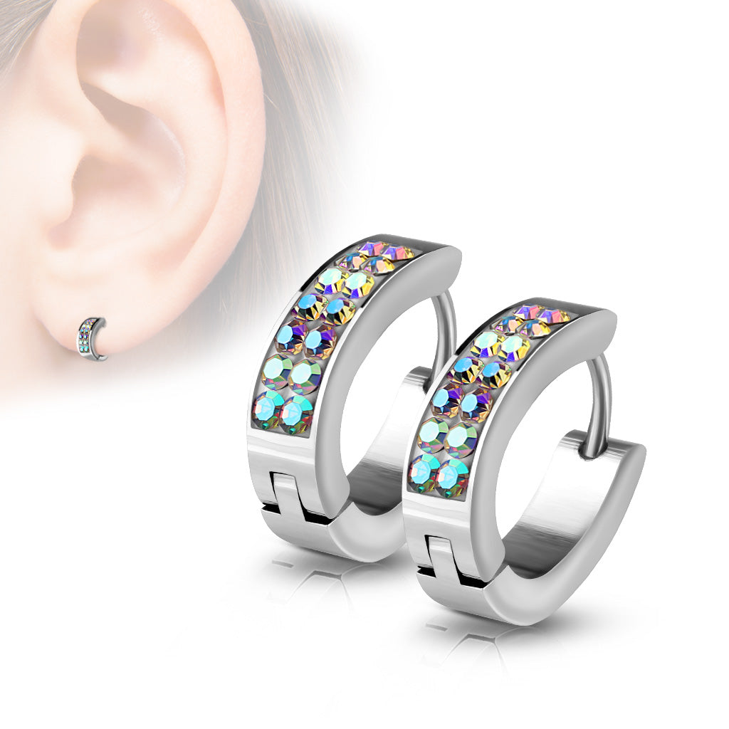 MJ-SE7067 Pair of Lined Set Crystals Front Oval Shape Stainless Steel Hoop/Huggie Earrings