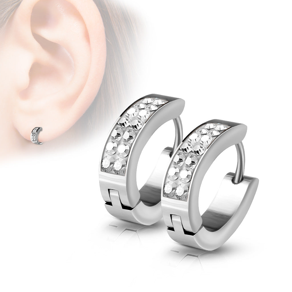 MJ-SE7067 Pair of Lined Set Crystals Front Oval Shape Stainless Steel Hoop/Huggie Earrings