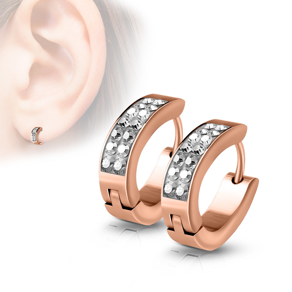 MJ-SE7067 Pair of Lined Set Crystals Front Oval Shape Stainless Steel Hoop/Huggie Earrings