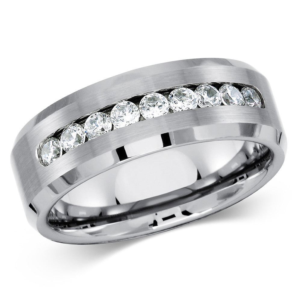 ST2961-ARCJTI486 His & Her 3pc Stainless Steel 2.08 Ct Cz Bridal Set & Mens Titanium Wedding Band