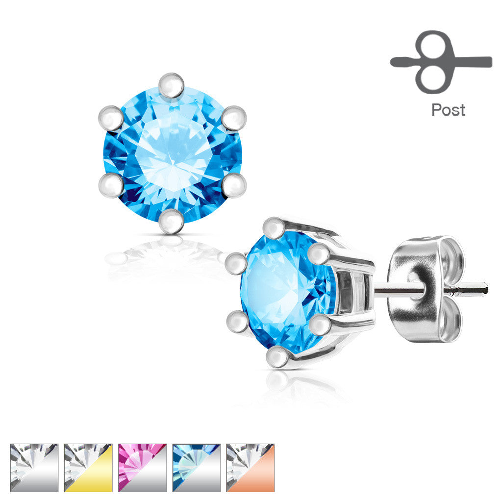 MJ-EA-001 Pair of 6 Prong Set CZ 316L Surgical Steel Post Ear Stud Rings