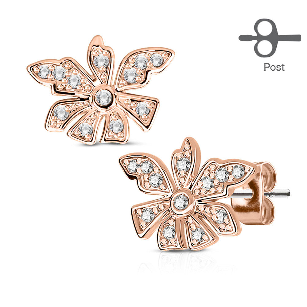 MJ-EA-004 Pair of Micro Pave CZ Flower 316L Surgical Steel Post Earring Studs