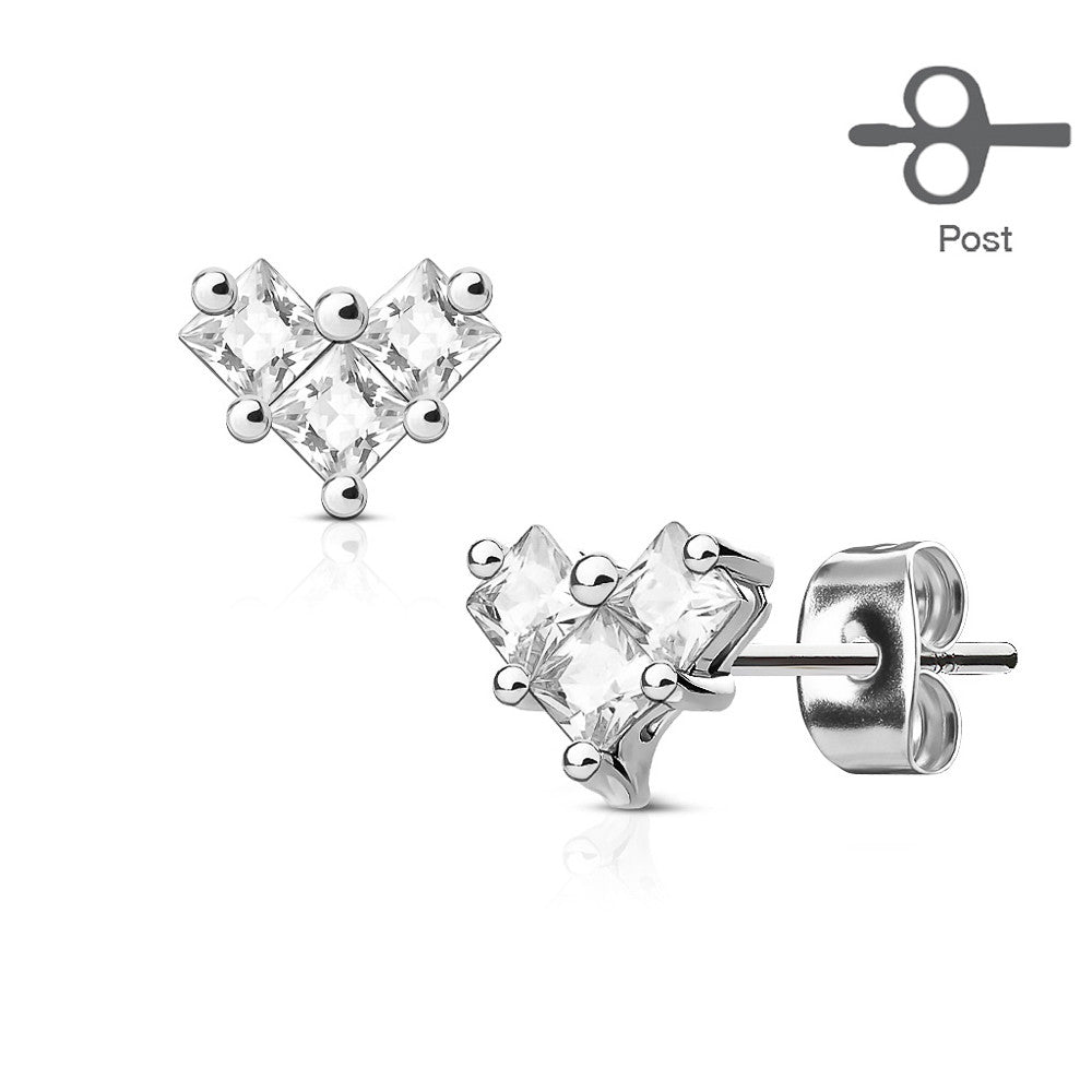 MJ-EA-014 Pair of 3 Square CZ Heart 316L Surgical Steel Post Earring Studs