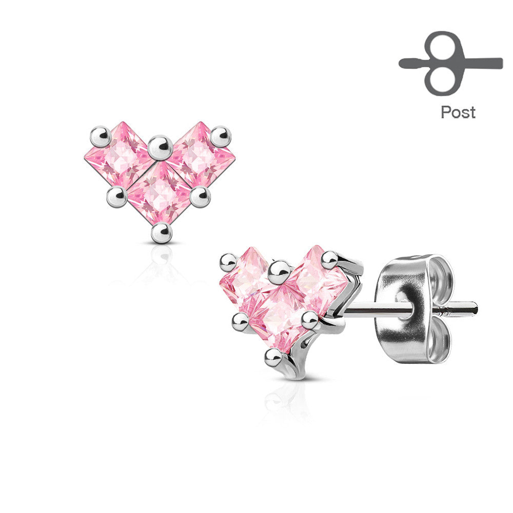 MJ-EA-014 Pair of 3 Square CZ Heart 316L Surgical Steel Post Earring Studs