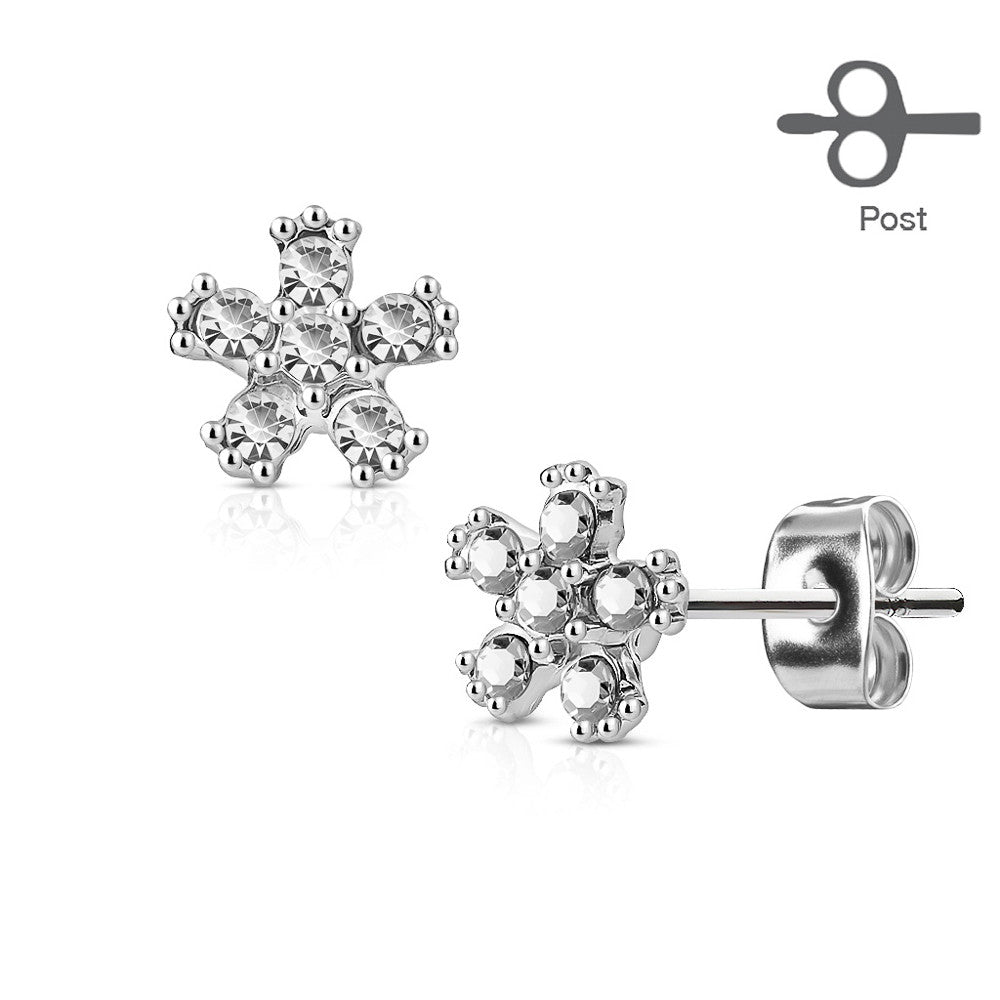 MJ-EA-015 Pair of 6 CZ Flower 316L Surgical Steel Post Earring Studs