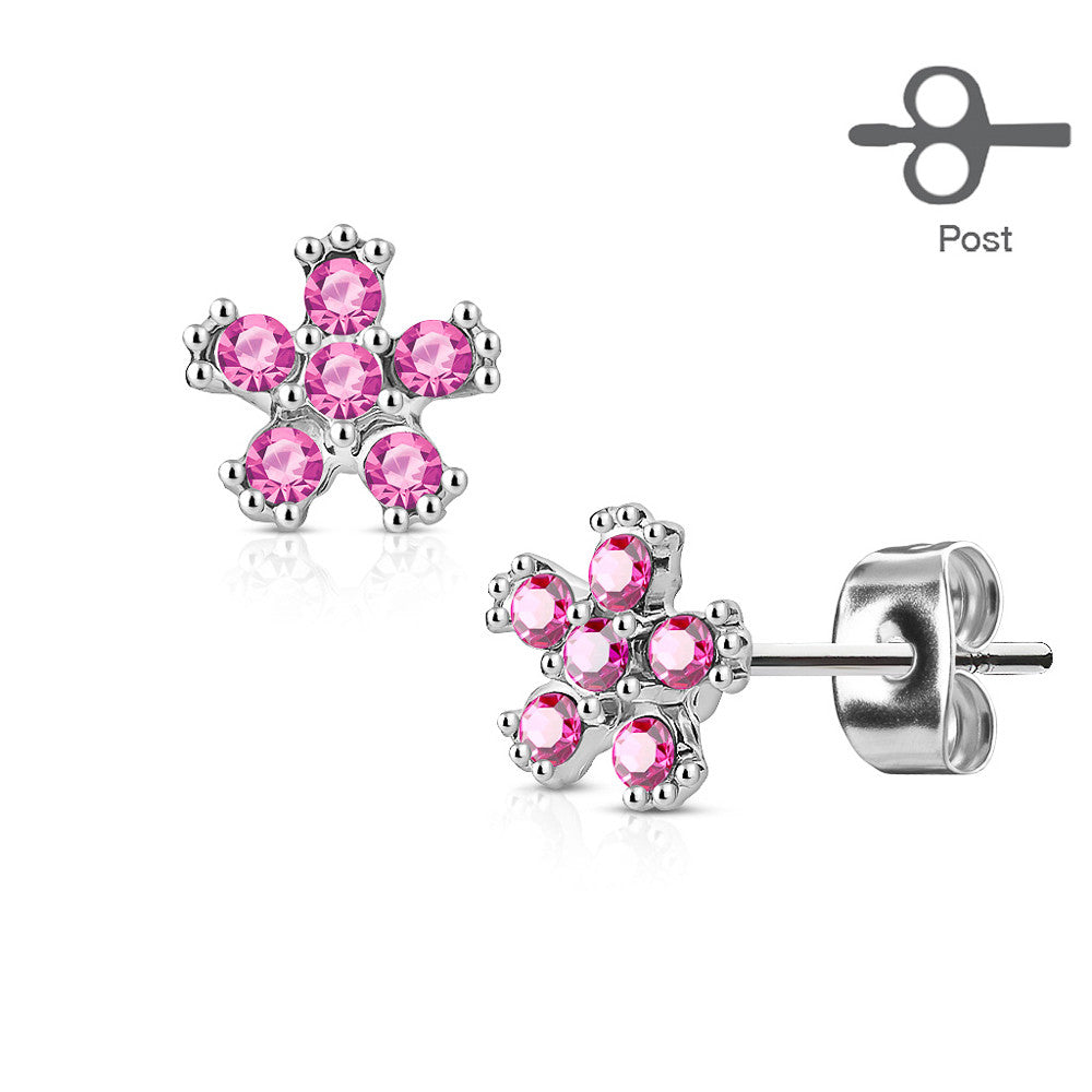 MJ-EA-015 Pair of 6 CZ Flower 316L Surgical Steel Post Earring Studs