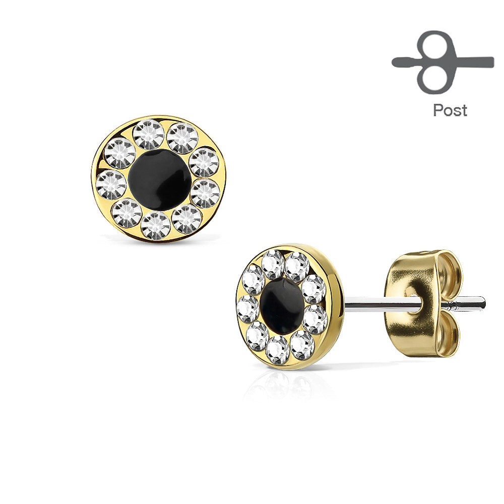 MJ-EA-019 Pair of Channel Set CZ Round with Black Center 316L Surgical Steel Post Earring Studs