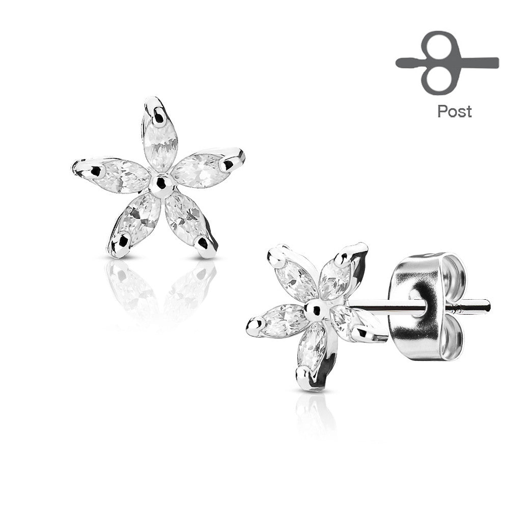 MJ-EA-021 Pair of 5 Marquise CZ Petal Flower 316L Surgical Steel Post Earring Studs