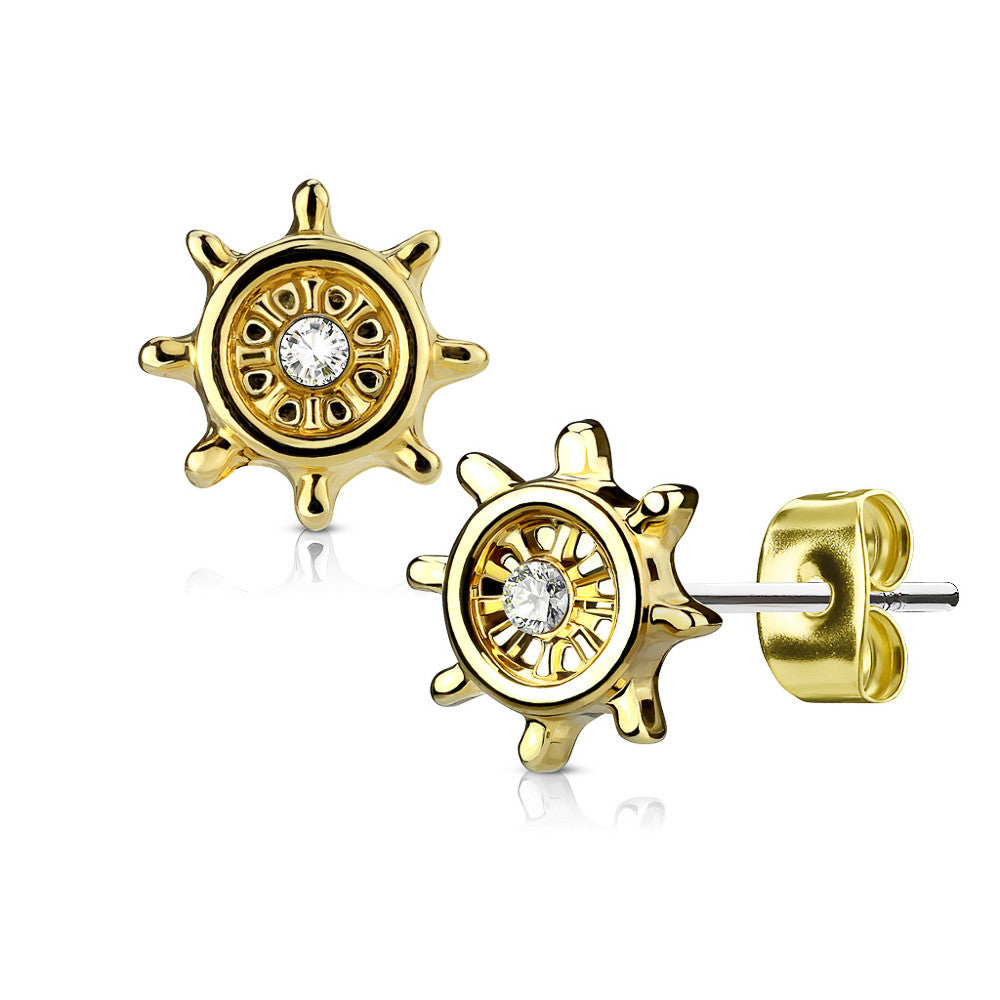 MJ-EA-023 Pair of CZ Centered Yacht Wheel 316L Surgical Steel Post Earring Studs