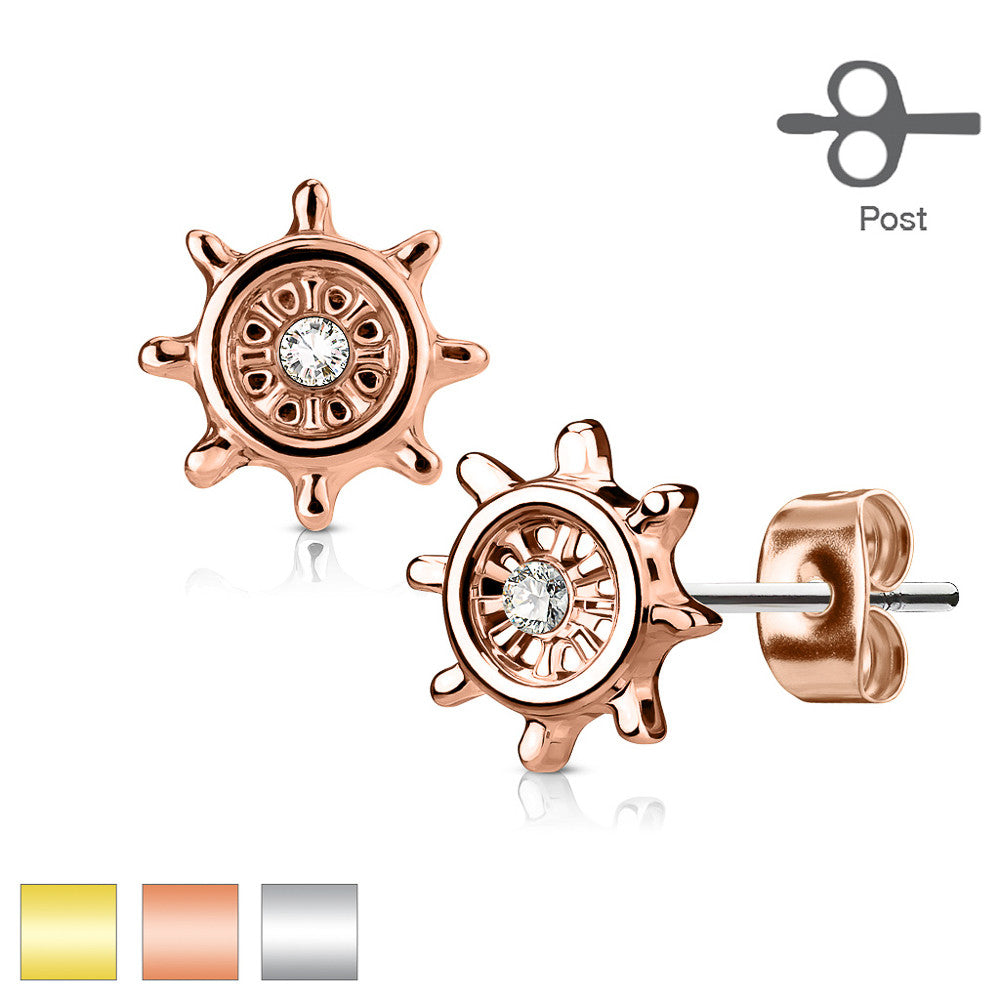 MJ-EA-023 Pair of CZ Centered Yacht Wheel 316L Surgical Steel Post Earring Studs