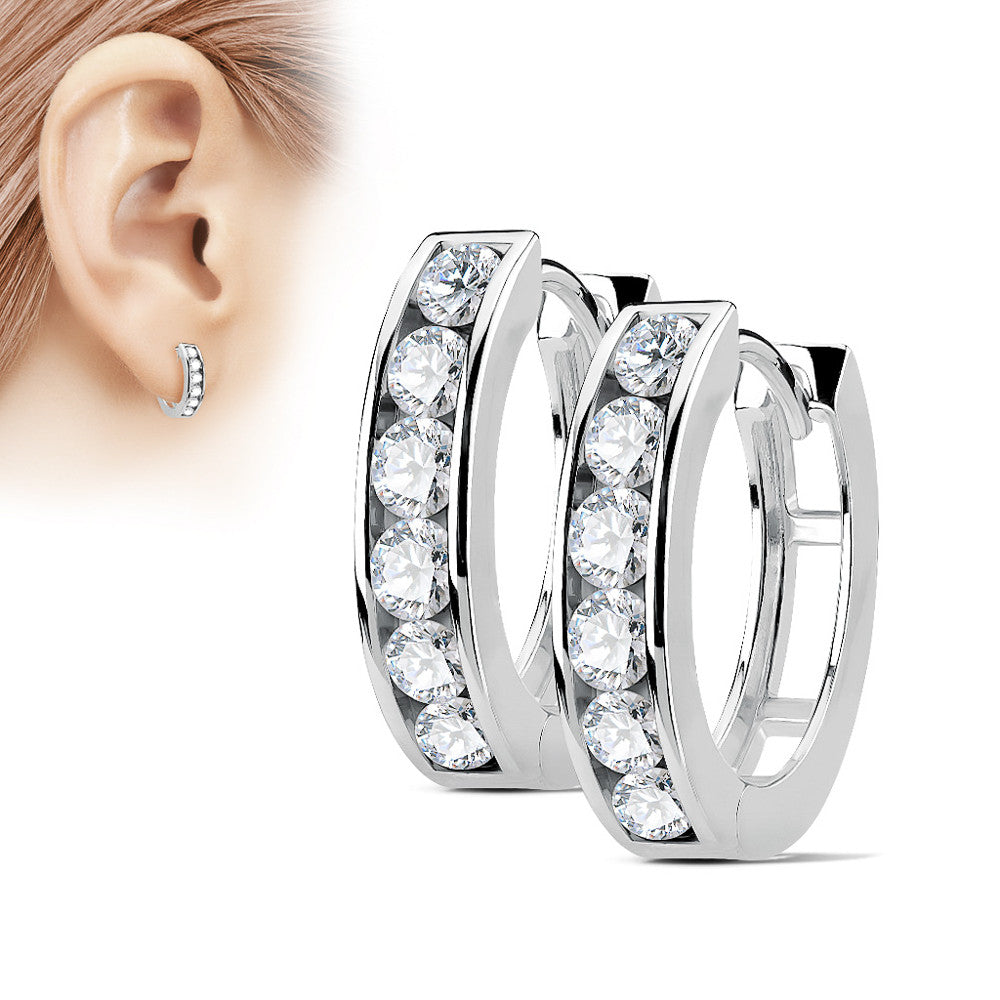 MJ-EB-004 Pair of Channel Set Lined CZ 316L Surgical Steel Post Hoop Earrings