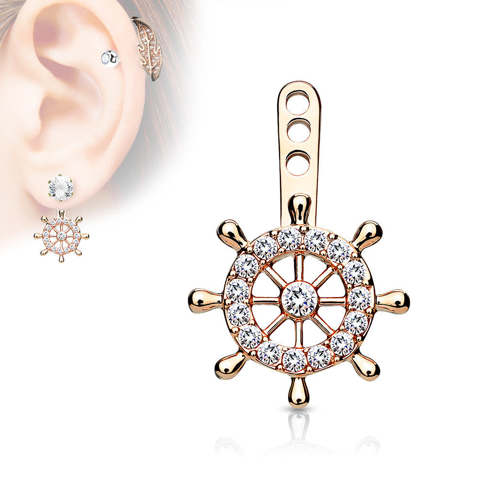 MJ-ED-041 Ship Wheel CZ Paved Helm Earring Jacket / Cartilage Stud Add on Dangle