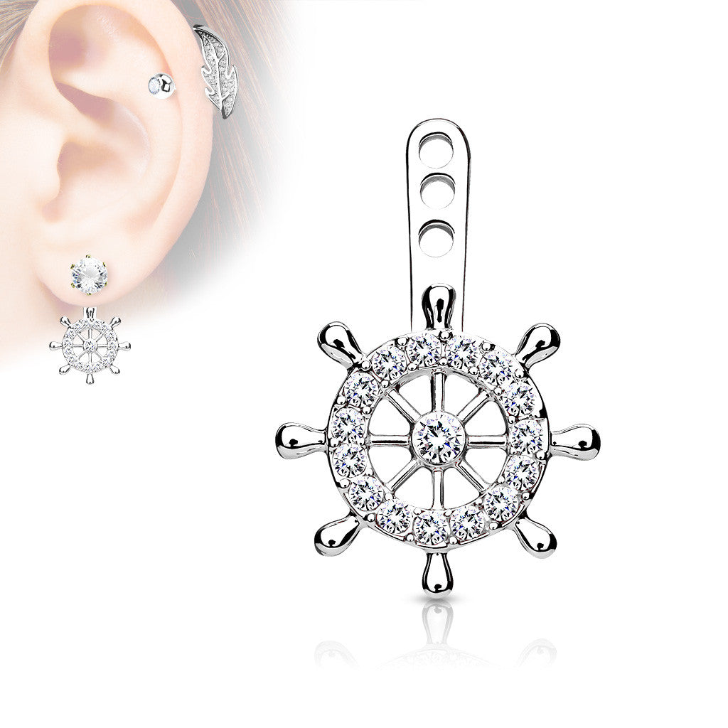 MJ-ED-041 Ship Wheel CZ Paved Helm Earring Jacket / Cartilage Stud Add on Dangle