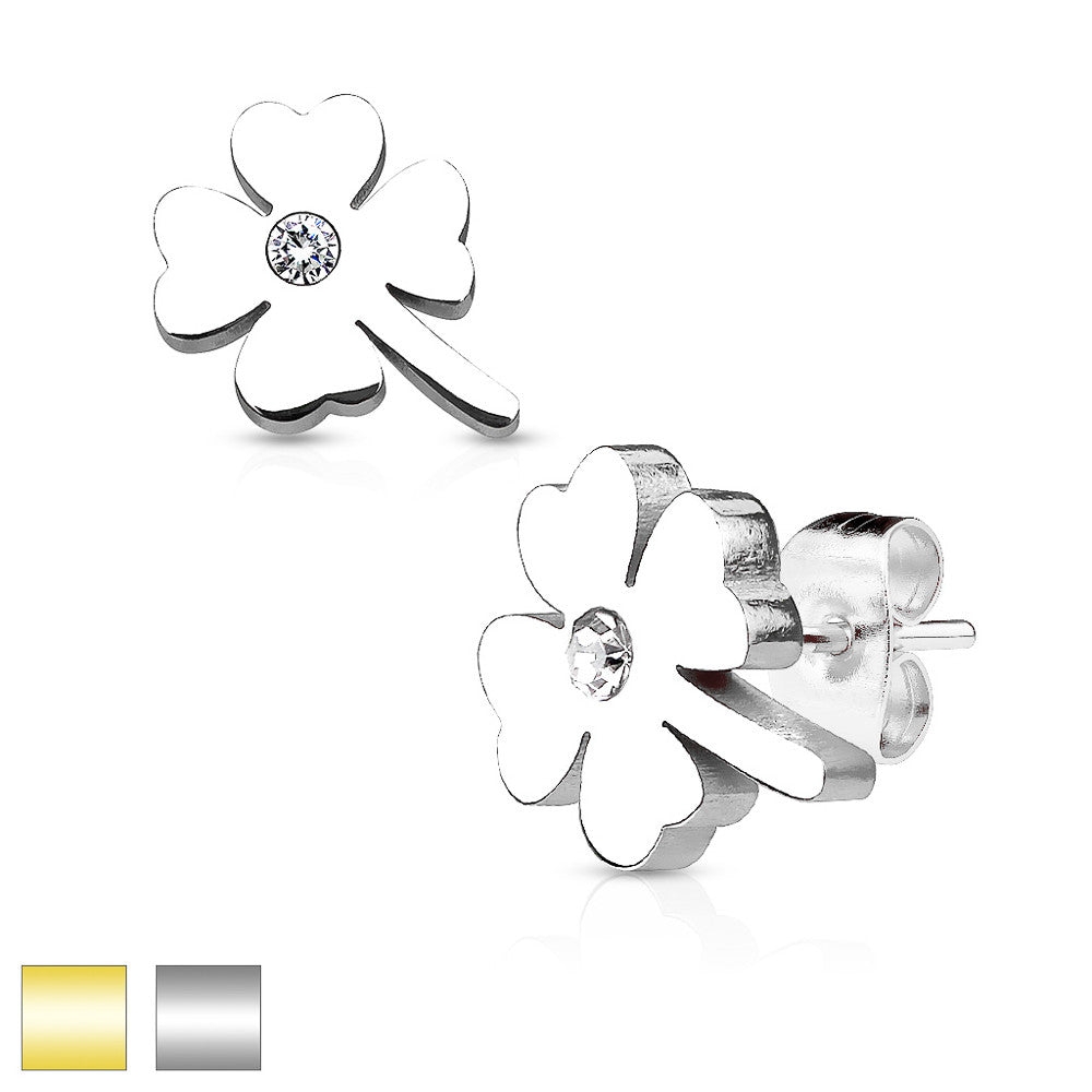 MJ-SE2489 Shamrock with Crystal Center 316L Stainless Steel Earring Studs Pair