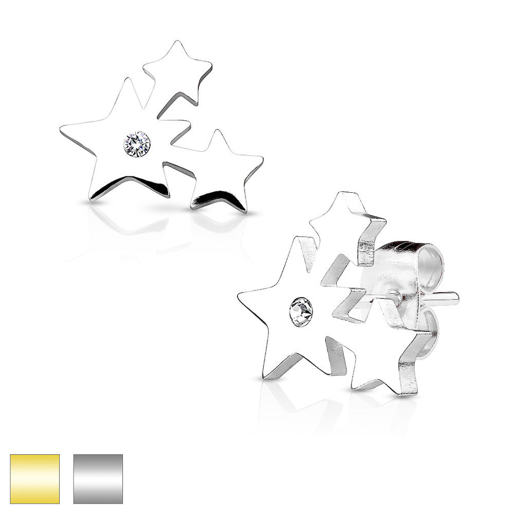 MJ-SE2504 Three Cluster Stars with Crystal 316L Stainless Steel Earring Studs Pair