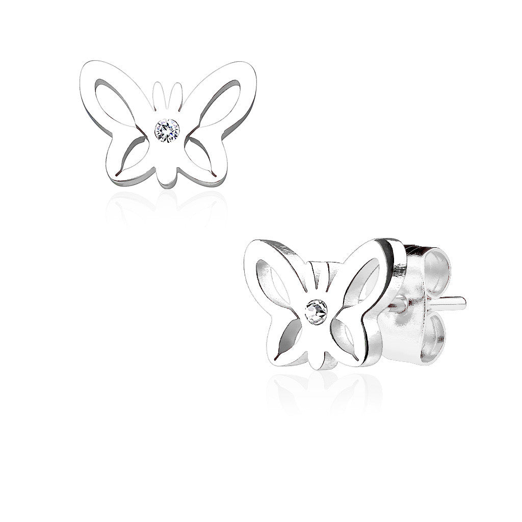 MJ-SE2514 Hollow Butterfly with Crystal Center 316L Stainless Steel Earring Studs Pair