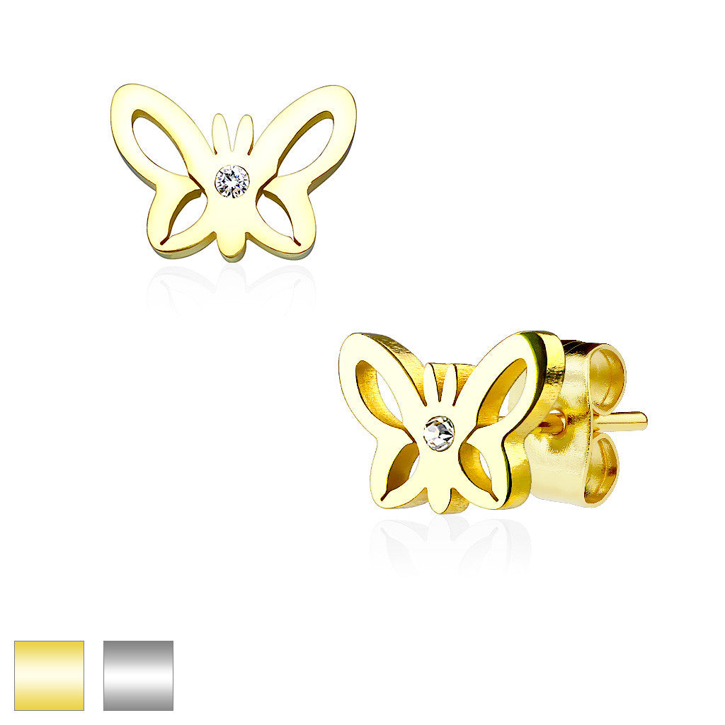 MJ-SE2514 Hollow Butterfly with Crystal Center 316L Stainless Steel Earring Studs Pair