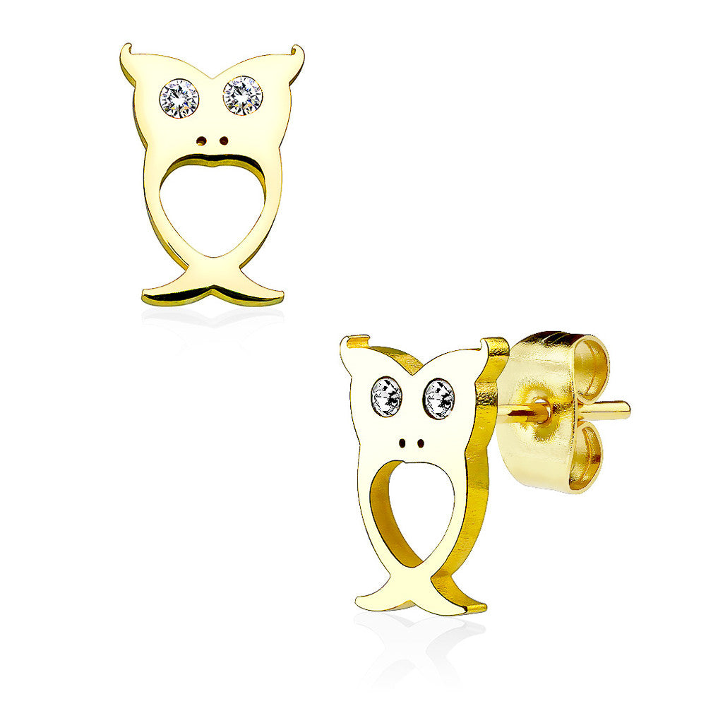 MJ-SE2515 Owl with Crystal Eyes 316L Stainless Steel Earring Studs Pair