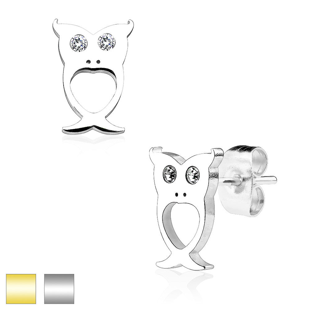 MJ-SE2515 Owl with Crystal Eyes 316L Stainless Steel Earring Studs Pair