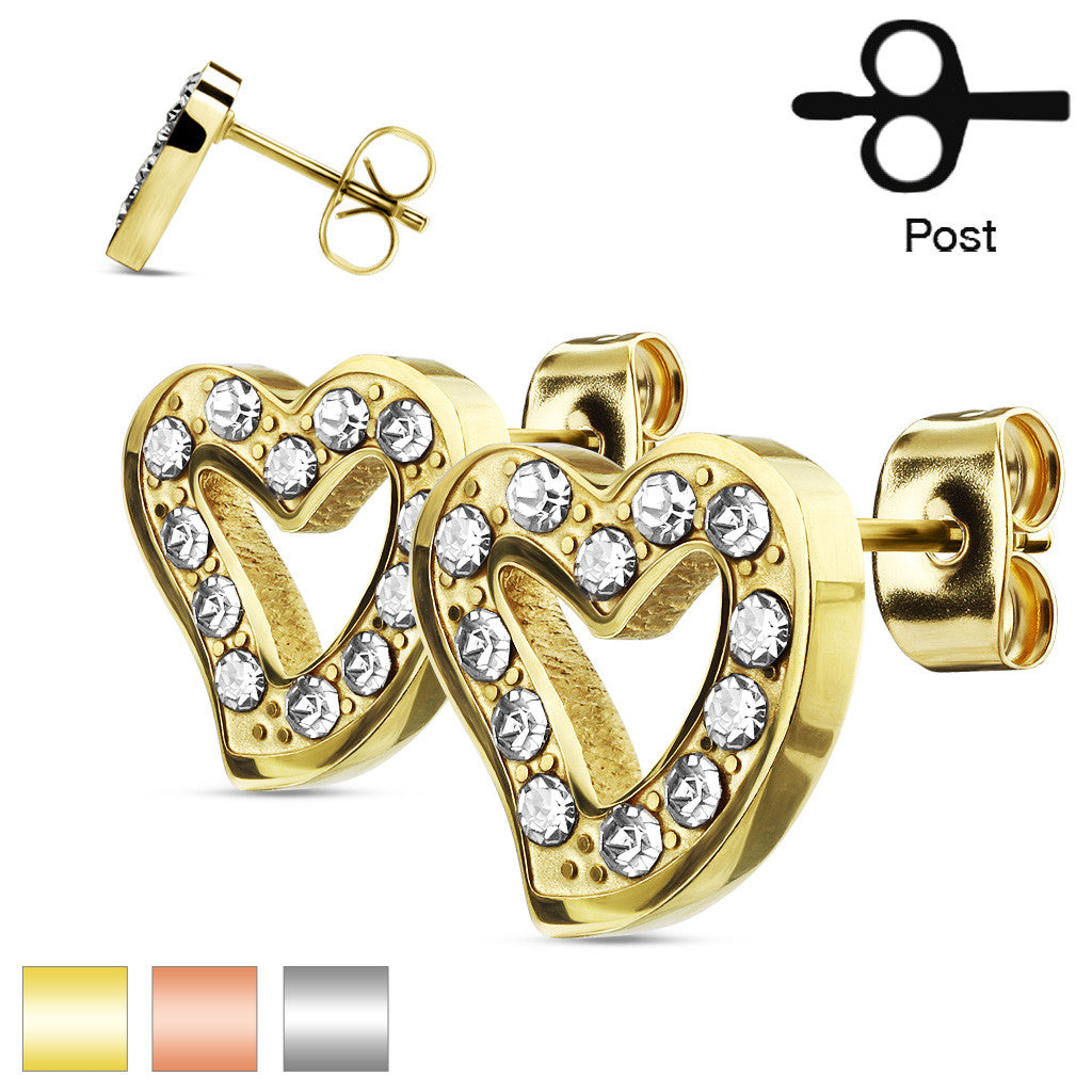 MJ-SE3041 Pair of CZ Paved Hollow Heart Stainless Steel Stud Earrings