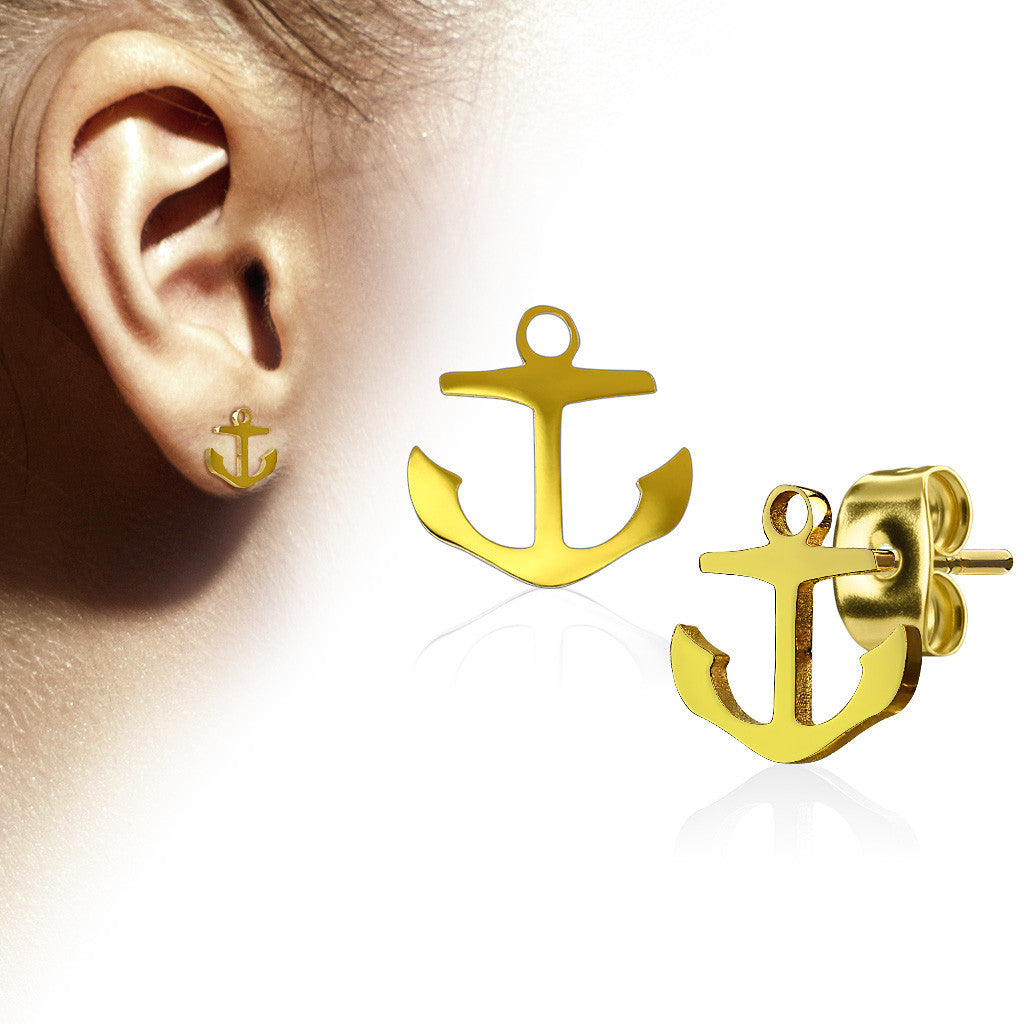 MJ-SE3293 Pair of Hand Polished Anchor 316L Stainless Steel Earring Studs