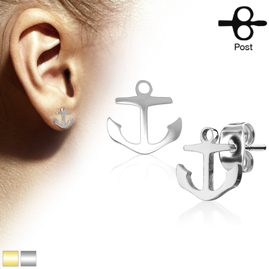 MJ-SE3293 Pair of Hand Polished Anchor 316L Stainless Steel Earring Studs