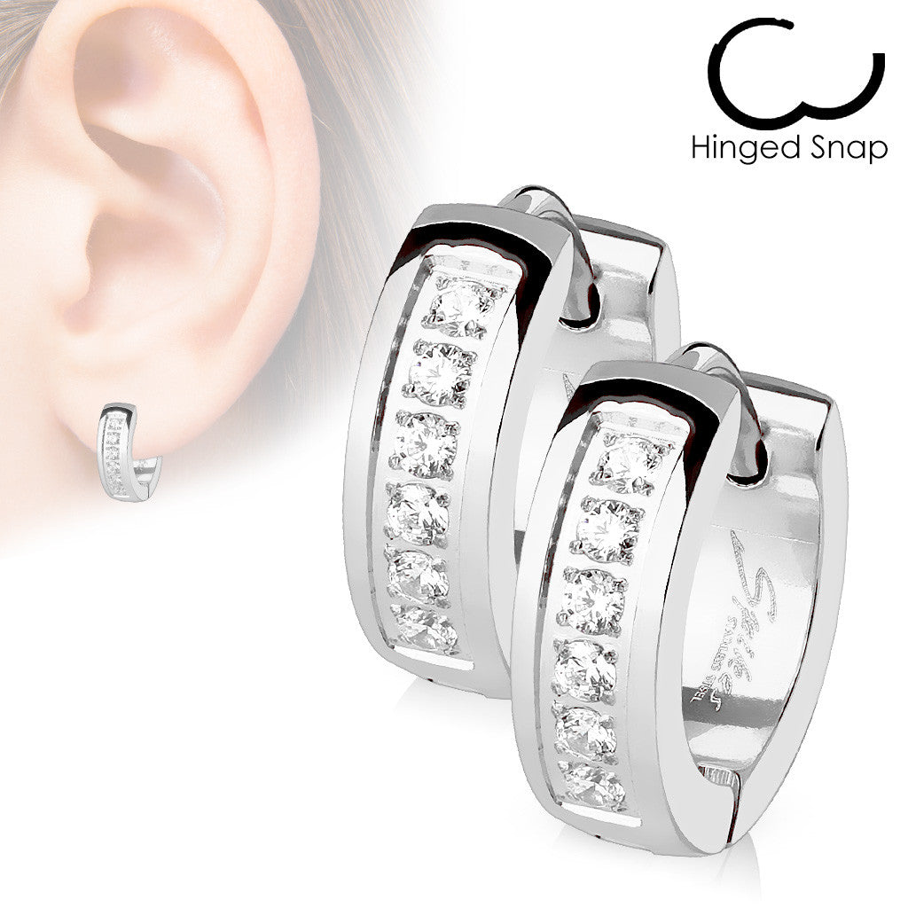 MJ-SE3305 Pair of CNC Set Lined CZ Stainless Steel Hoop/Huggie Earrings