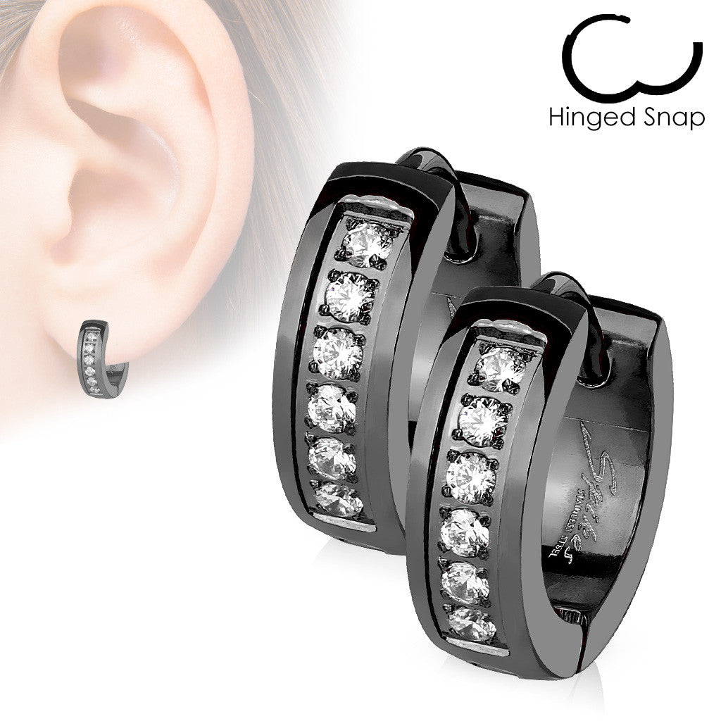 MJ-SE3305 Pair of CNC Set Lined CZ Stainless Steel Hoop/Huggie Earrings