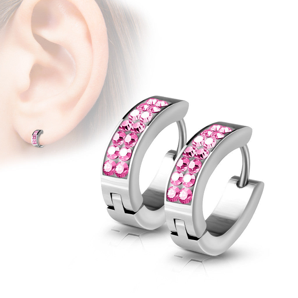 MJ-SE7067 Pair of Lined Set Crystals Front Oval Shape Stainless Steel Hoop/Huggie Earrings