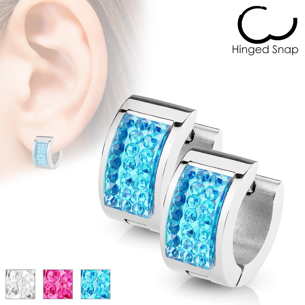 MJ-SE7077 Pair of Square Crystal Set Stainless Steel Hoop/Huggie Earrings