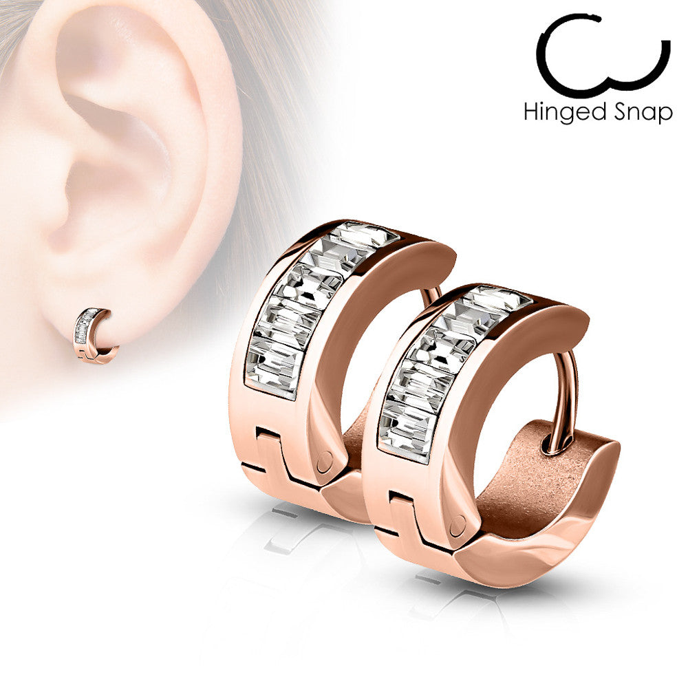 MJ-SE7078 Pair of Lined Square Gems Set Front Stainless Steel Hoop/Huggie Earrings