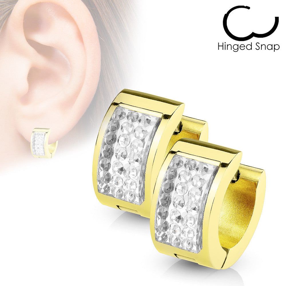 MJ-SE7079 Square Crystal Paved IP Gold over Stainless Steel Hoop Huggie Earring