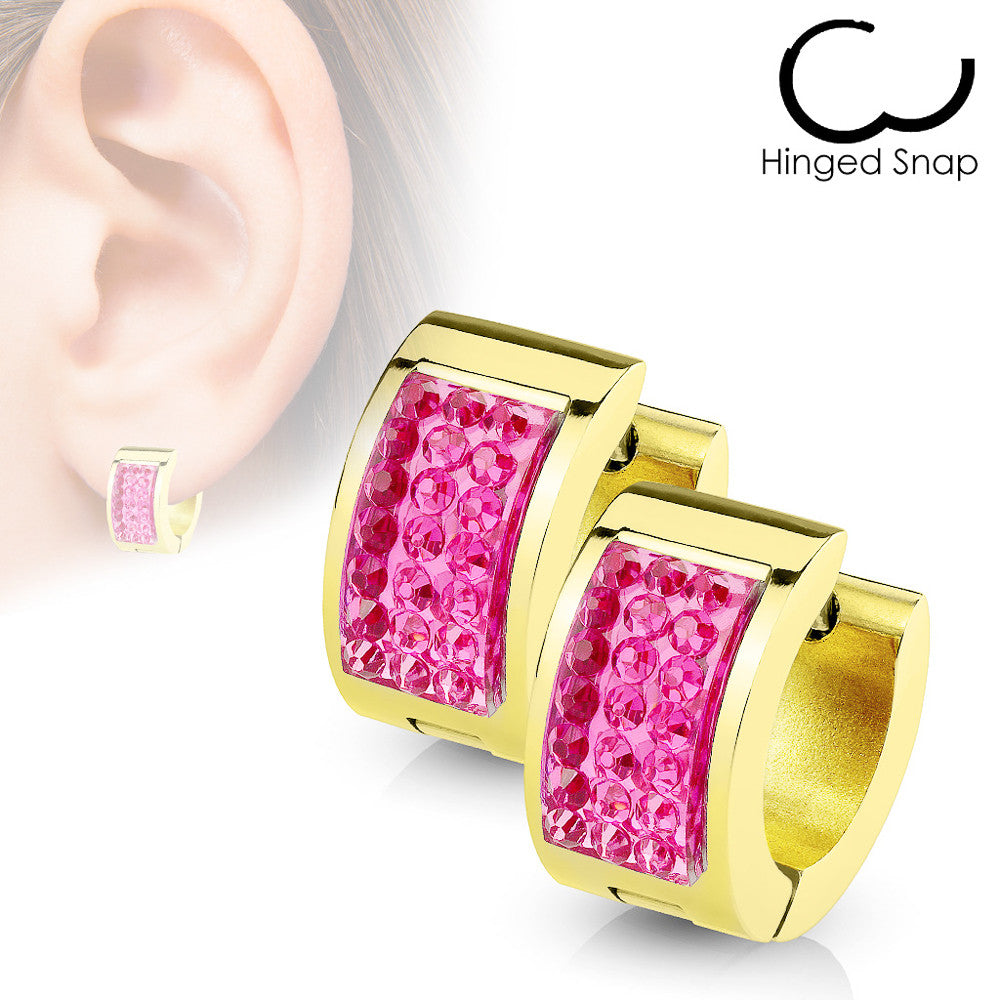 MJ-SE7079 Square Crystal Paved IP Gold over Stainless Steel Hoop Huggie Earring