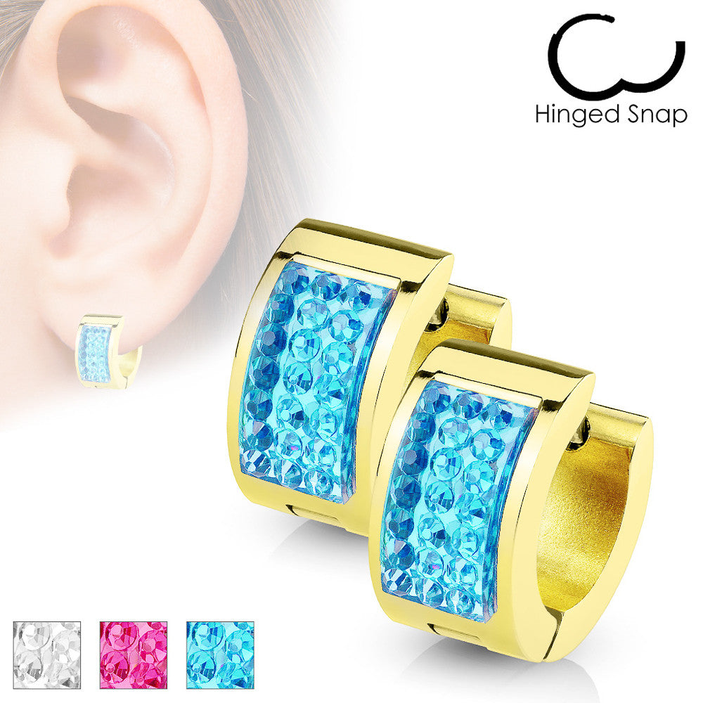 MJ-SE7079 Square Crystal Paved IP Gold over Stainless Steel Hoop Huggie Earring