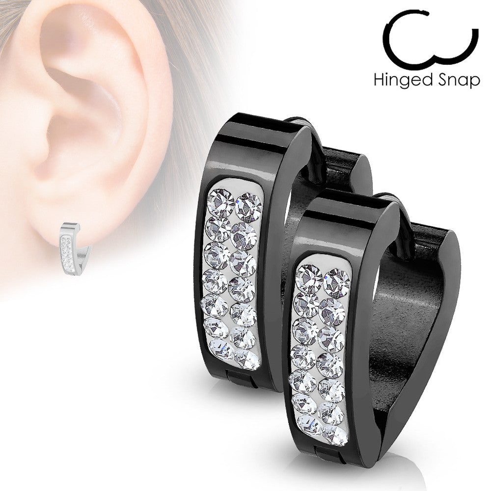 MJ-SE7087 Pair of Clear Crystal Paved Triangle Shape Stainless Steel Hoop/Huggie Earrings