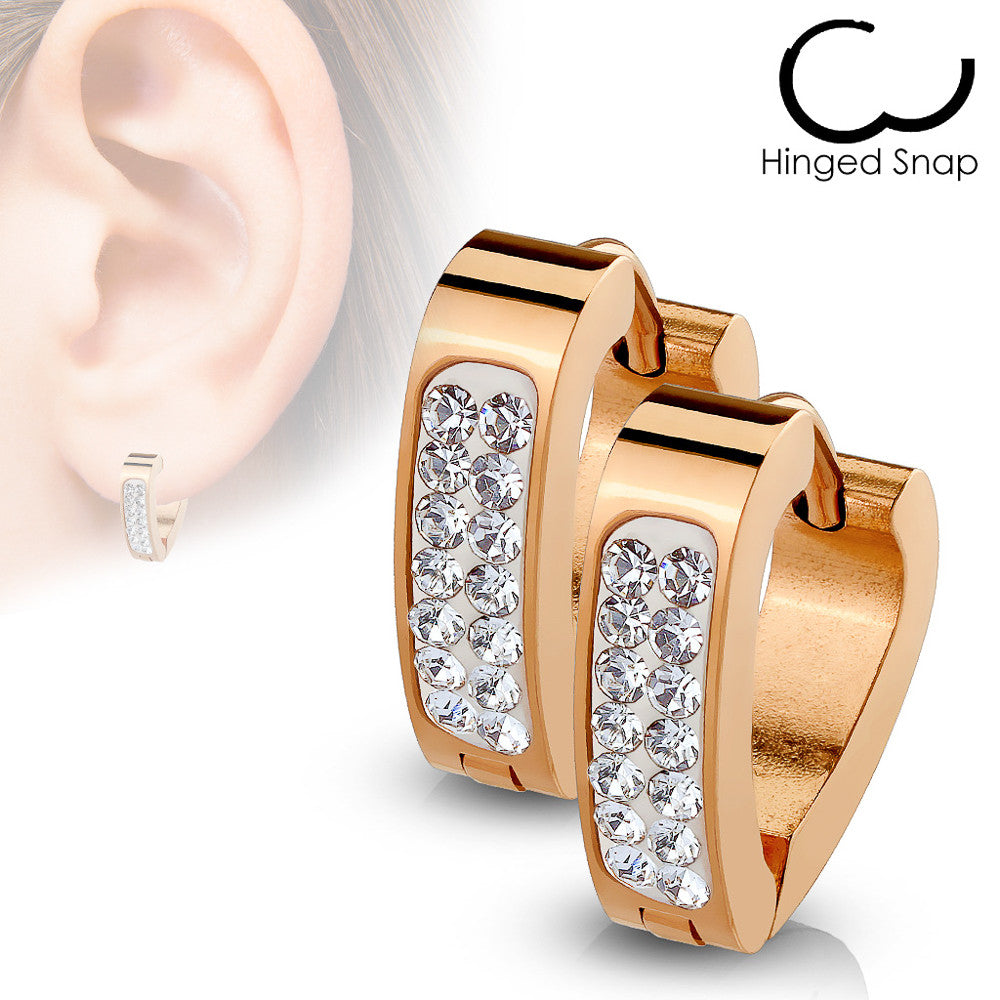 MJ-SE7087 Pair of Clear Crystal Paved Triangle Shape Stainless Steel Hoop/Huggie Earrings