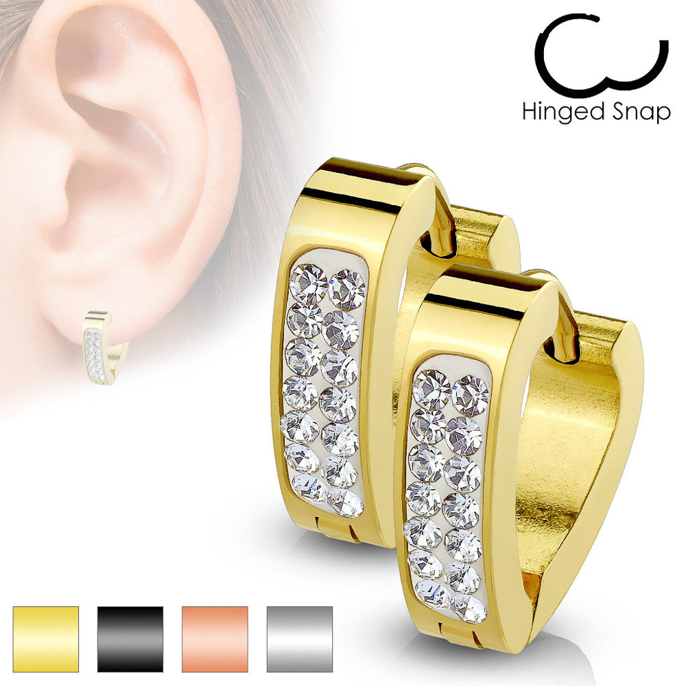 MJ-SE7087 Pair of Clear Crystal Paved Triangle Shape Stainless Steel Hoop/Huggie Earrings