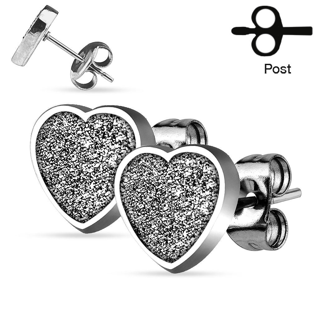 MJ-SEZHT Pair of 316L Stainless Steel Heart Sand Glitter Stud Earrings