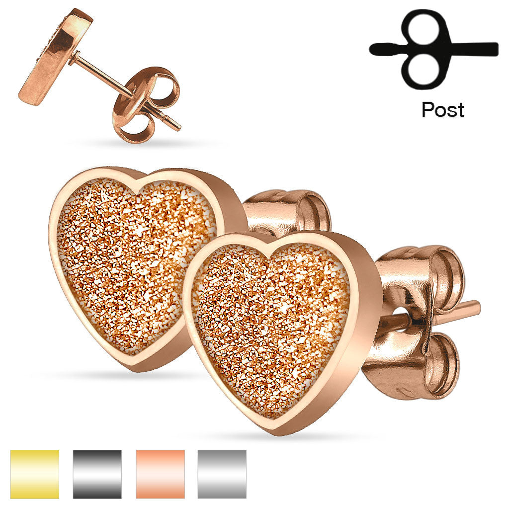 MJ-SEZHT Pair of 316L Stainless Steel Heart Sand Glitter Stud Earrings