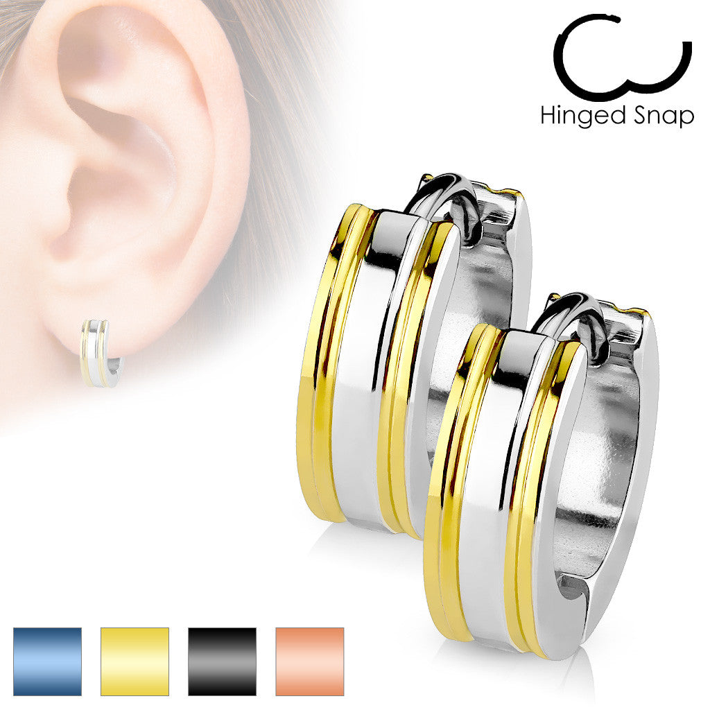 MJ-SSE-017 Pair of 316L Surgical Stainless Steel 2 Tone Hoop Earring with IP Edges