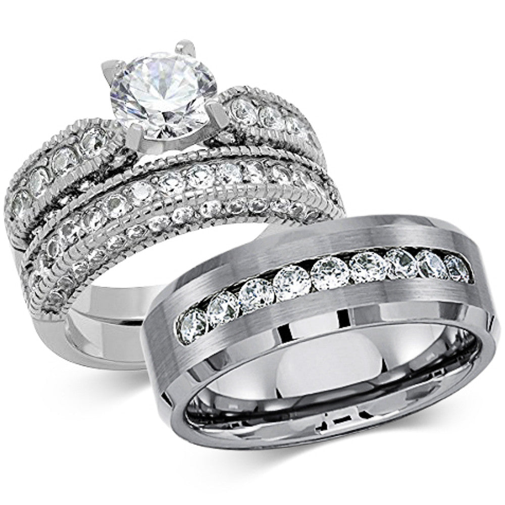 ST1318-ARCJTI486 His & Her 3pc Stainless Steel 3.15 Ct Cz Bridal Set & Mens Titanium Wedding Band